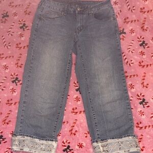 Women's Blue Jean Capris with Silver Lacy Embroidered Cuffs